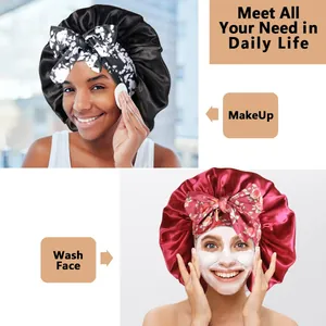 Floral satin hair bonnet with wide band and decorative bow for sleeping and makeup