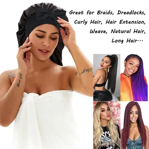 Black satin sleep bonnet with elastic tie for long hair braids and natural curls