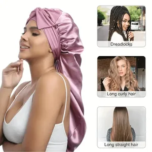 Pink satin long sleep bonnet with bow for dreadlocks and long curly hair protection