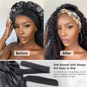 Elastic satin long silk bonnet for hair care with adjustable non-slip wrap straps