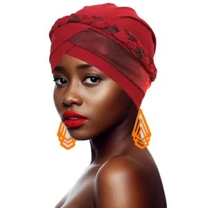 Detail of dark red turban with braided knot design and cross-front elastic fabric texture