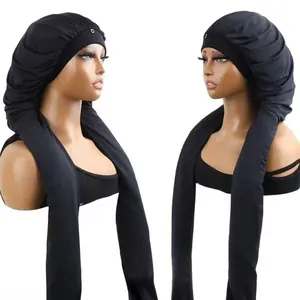 Elastische schwarze Satin-Schlafmütze mit langen breiten Bändern für langen Haarschutz