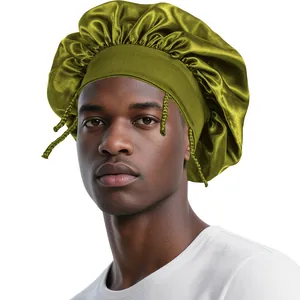 Detail of olive green satin hair bonnet with wide stretch band on a female model