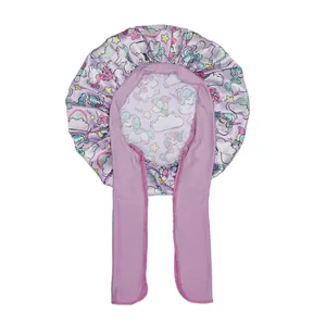 Purple satin kids sleeping cap with unicorn prints and long adjustable ribbons