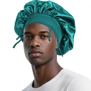 Close-up of deep teal satin bonnet for men with wide elastic band and braided rope detail