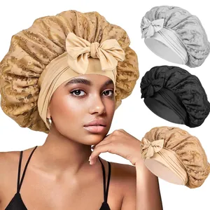 Bonnet de Nuit en Dentelle et Satin Double Couche pour Femmes Avec Grand Nœud Bande Élastique Large Soin des Cheveux Sommeil