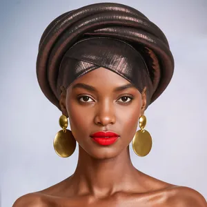Detail of metallic coffee-toned Gele headtie with shimmering textured fabric and gold earrings