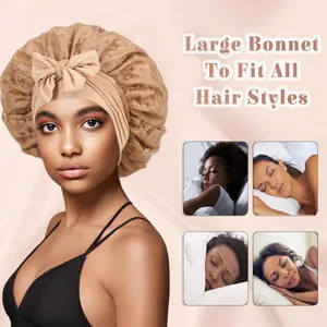 Bonnet de nuit large en dentelle champagne avec bande élastique et nœud décoratif