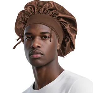 Brown satin sleep cap for men featuring a wide elastic headband and a high-shine finish