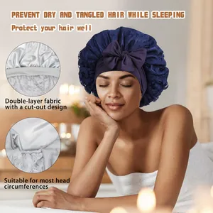 Bonnet de nuit en satin double couche avec dentelle et ruban pour protéger les cheveux
