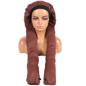 Braune lange Seiden-Schlafhaube für Braids mit elastischem schwarzem Band und Knopf