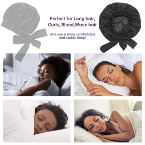 Bonnet de nuit en satin avec dentelle et ruban réglable pour cheveux longs bouclés