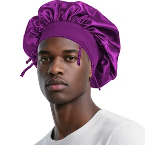 Detail of dark purple satin bonnet with elastic wide band and decorative braided cord