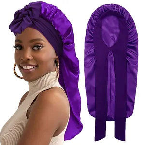 Detailed view of extra long purple satin bonnet for braids and long hair care