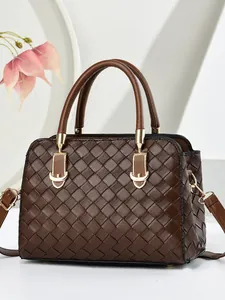 Femmes Sac à Main Carré Texture Tissée Cuir PU Sac à Bandoulière Avec Matériel Doré Mode Navette Tote Bag