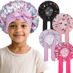 Kids Satin Sleep Bonnet With Adjustable Straps Cartoon Unicorn Butterfly Printed Breathable Hair Care Cap For Sleeping Bath