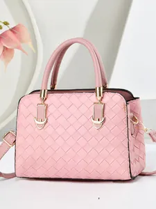 Sac à main bandoulière tressé rose élégant avec poignée et détails dorés pour femme