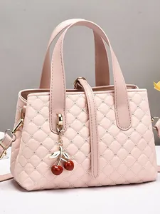 Elegant Quilted Rhombus PU Leather Handbag For Women Large Capacity Shoulder Crossbody Bag With Cherry Pendant Rhinestone Wedding Commuting Bag