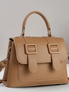 Women Stylish Litchi Pattern PU Leather Shoulder Bag Flap Square Crossbody Satchel With Top Handle And Adjustable Strap