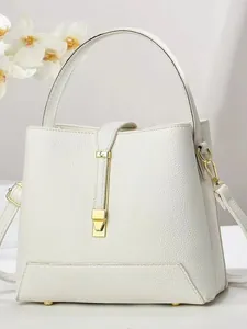 Women Litchi Pattern PU Leather Bucket Bag Minimalist Metal Lock Handbag Elegant Commuting Shoulder Crossbody Bag For Lady