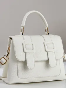 White lychee pattern leather handbag with gold hardware and top handle for women