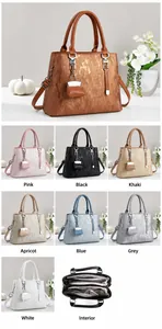 Detailed size chart and multi-color selection of the textured trapezoid tote bag