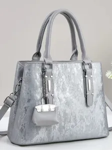 Women Large Capacity Handbag PU Leather Tote Bag With Mini Bag Charm Metallic Textured Shoulder Bag For Commuter Daily