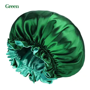 Double-layered green satin sleeping cap with elastic ruffled edges for hair care