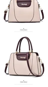 Vista frontal y lateral de bolso Boston bicolor crema y granate con herrajes dorados