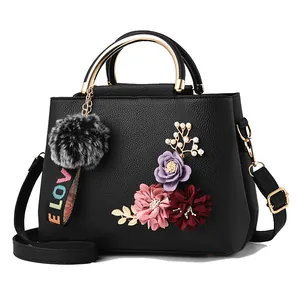 Borsa a Mano Donna Moda Texture Litchi Pelle PU Fiori 3D Ciondolo Pompon Elegante Borsa a Spalla Tracolla per Matrimonio Festa