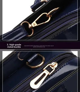 Detail showing high-grade golden metal hooks and zipper on navy blue patent leather bag