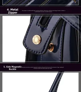 Detail of golden metal zipper and magnetic buckle on dark blue crocodile pattern handbag