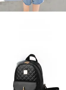 Close-up of black quilted backpack featuring diamond stitching and magnetic flap pocket