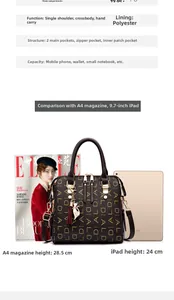 Comparaison de taille d'un sac cabas marron avec un magazine A4 et un iPad 9,7
