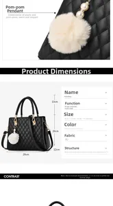 Detailed size chart for quilted PU leather handbag with pompom and dimensions