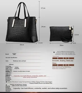 Detail of black crocodile texture PU leather tote bag with metal handle hardware and pouch