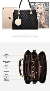 Detail view of large quilted black handbag interior layers and size comparison with iPad