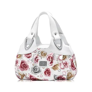 White fashion handbag with rose floral print and silver hardware handles for women