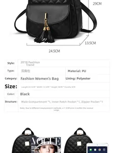 Detailed size chart and large capacity layout of the quilted black PU leather backpack