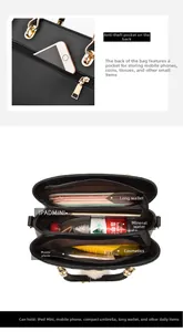 Detail of multi-compartment interior and back anti-theft pocket of black quilted handbag