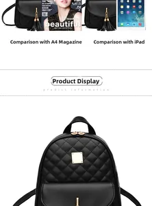 Quilted black backpack size comparison showing fit for A4 documents and iPad