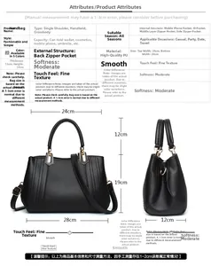 Größentabelle für schwarze PU-Leder Handtasche mit Maßen und Multi-Pocket-Innenraumdesign