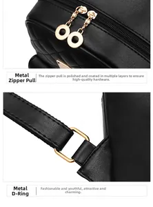 Detailed view of golden polished hardware and quilted black leather on backpacks