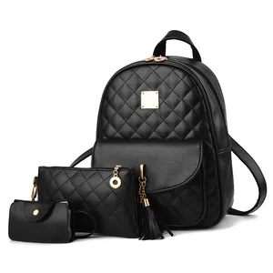 Women Quilted Rhomboid Backpack With Tassel Clutch And Card Holder PU Leather Fashion School Travel Bag Urban Backpack
