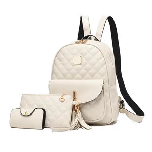 3-piece beige quilted backpack set with crossbody bag and card holder for women