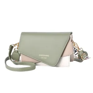 Fashionable color-block PU leather crossbody bag in green and beige with silk scarf
