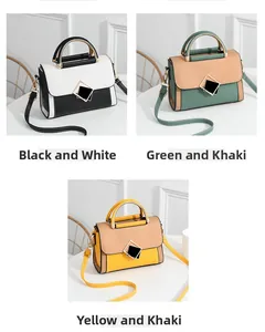 Detailed view of color-block PU leather crossbody bags in black, green, and yellow variants