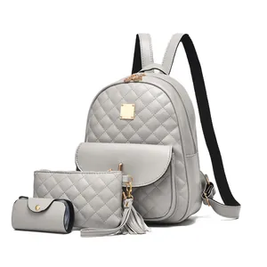Light gray quilted backpack 3-piece set with stylish rhombus pattern and golden zippers