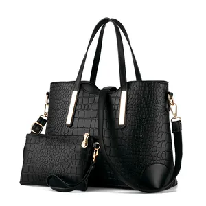 Women Fashion Crocodile Pattern Embossed PU Leather Tote Bag And Pouch Set Large Capacity Shoulder Handbag With Gold Hardware