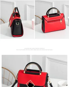 Detailed views of red and black crossbody bag with metal handle and back zip pocket
